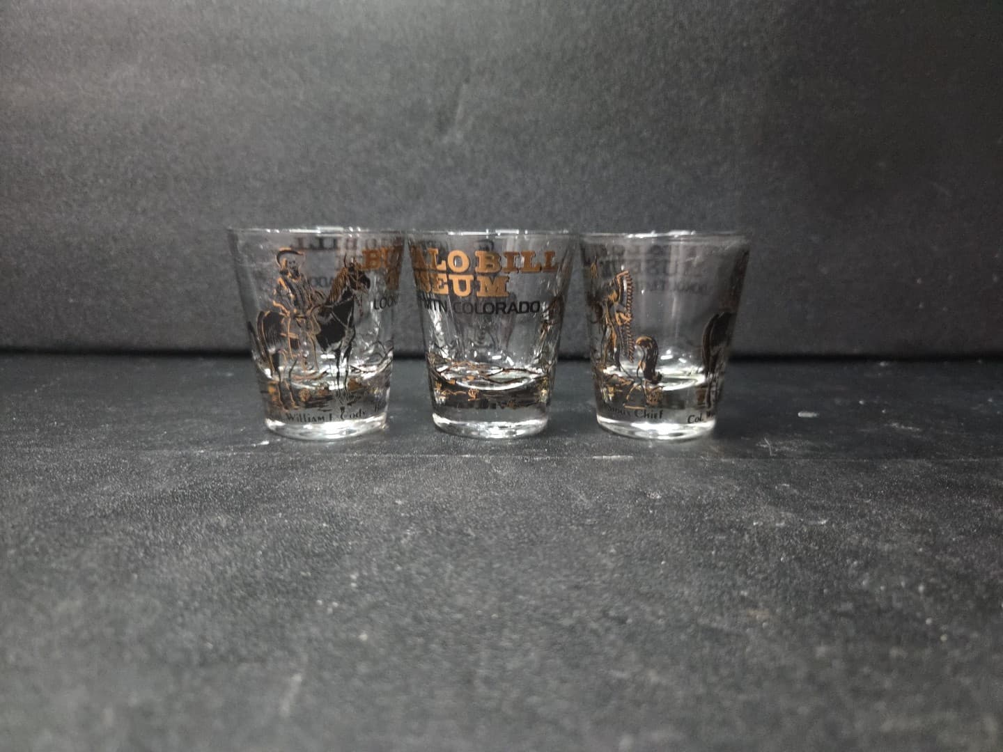 Buffalo Bill Shot Glass Trio, Lookout Mountain Souvenir, Black & Gold, Set of 3 - Thumbnail 3