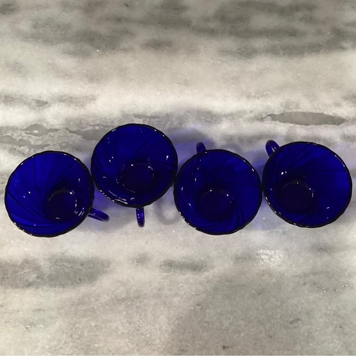 Duralex Vereco Cobalt Blue Teacups, Set of 4, Vintage Swirl Design Punch Cups - Thumbnail 3
