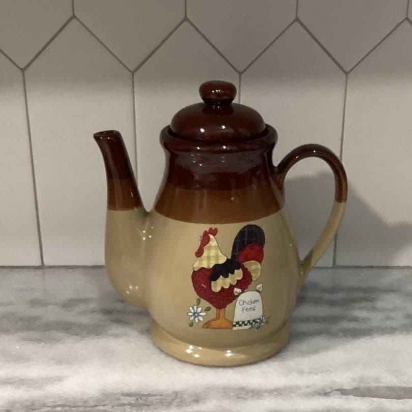 Tricolor Brown Large Teapot, Vintage Rooster "Chicken Feed" Design Tea Pot - Thumbnail 2
