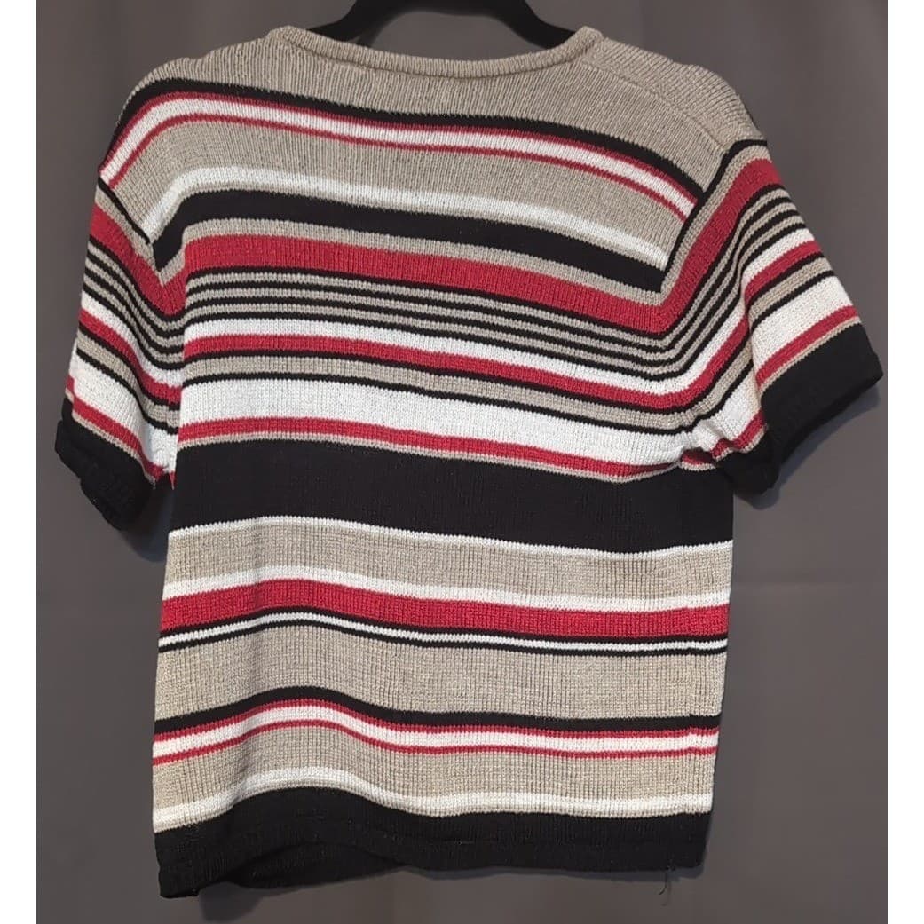 NWB Casuals Short Sleeve V-Neck Knit Top, Womens XL Red Black Tan Striped Shirt - Thumbnail 3