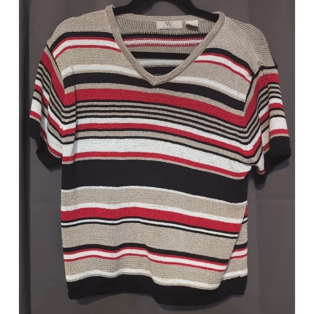 NWB Casuals Short Sleeve V-Neck Knit Top, Womens XL Red Black Tan Striped Shirt - Thumbnail 2