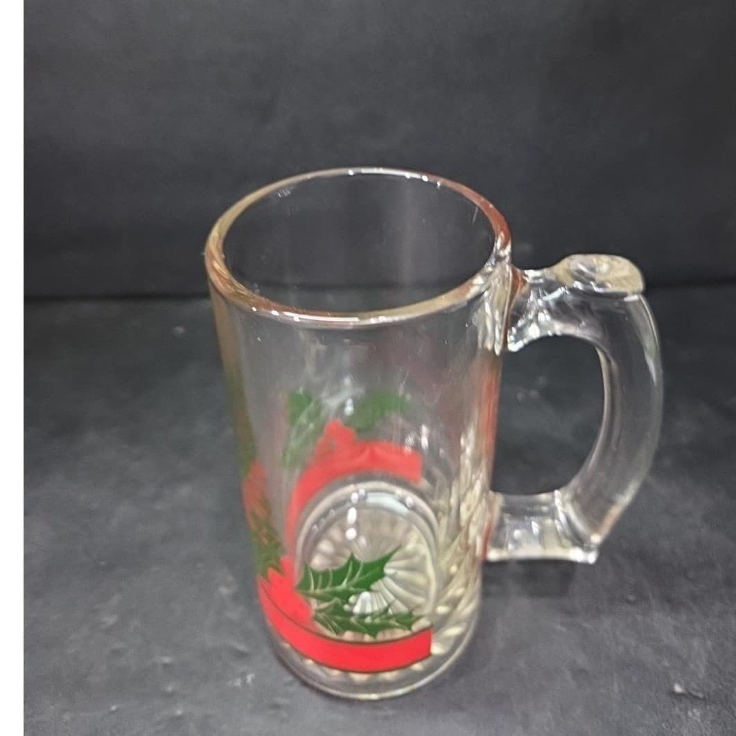 Libbey Holly & Berries Design Glass Beer Mug, Vintage Holiday Drinkware Stein - Thumbnail 6