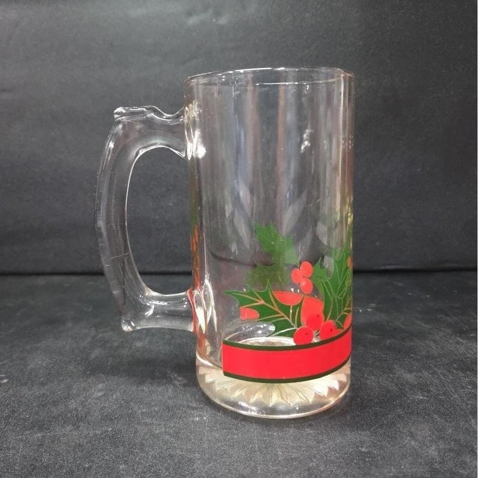 Libbey Holly & Berries Design Glass Beer Mug, Vintage Holiday Drinkware Stein - Thumbnail 4