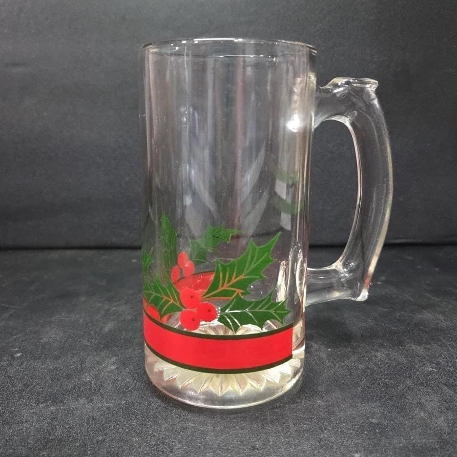 Libbey Holly & Berries Design Glass Beer Mug, Vintage Holiday Drinkware Stein - Thumbnail 2