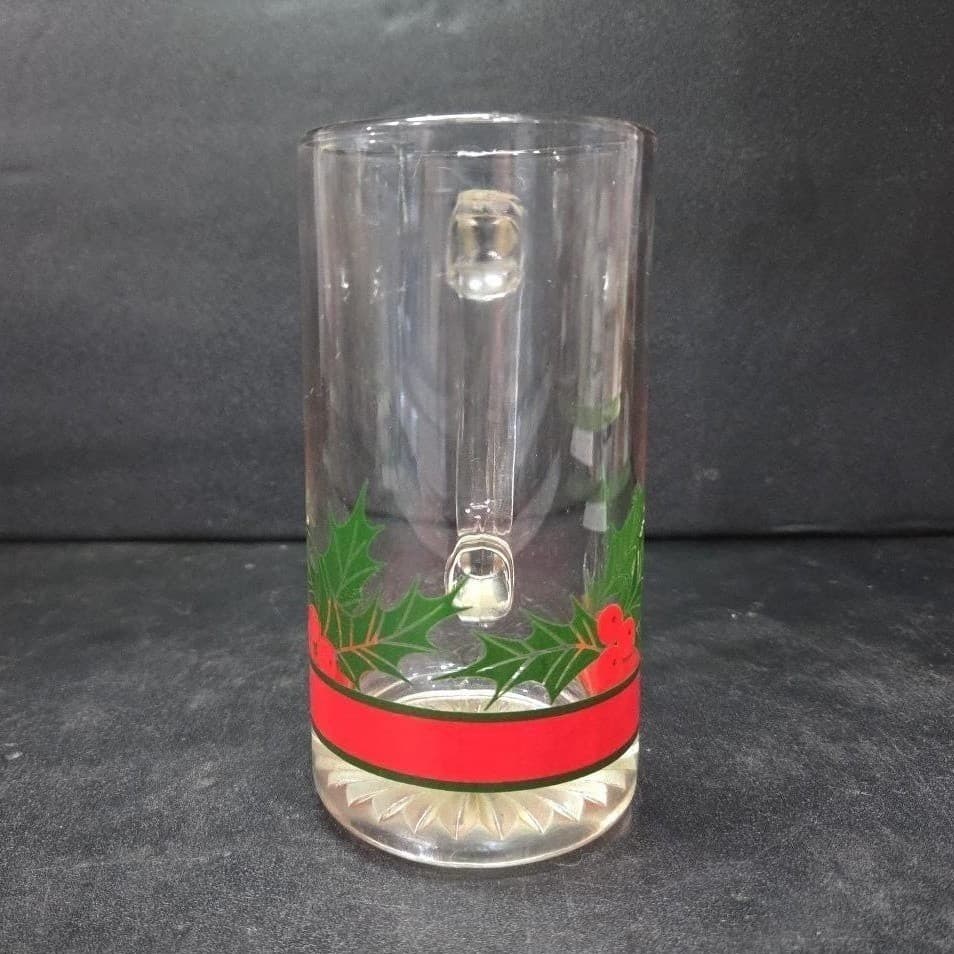 Libbey Holly & Berries Design Glass Beer Mug, Vintage Holiday Drinkware Stein - Thumbnail 3