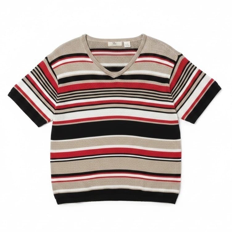 NWB Casuals Short Sleeve V-Neck Knit Top, Womens XL Red Black Tan Striped Shirt
