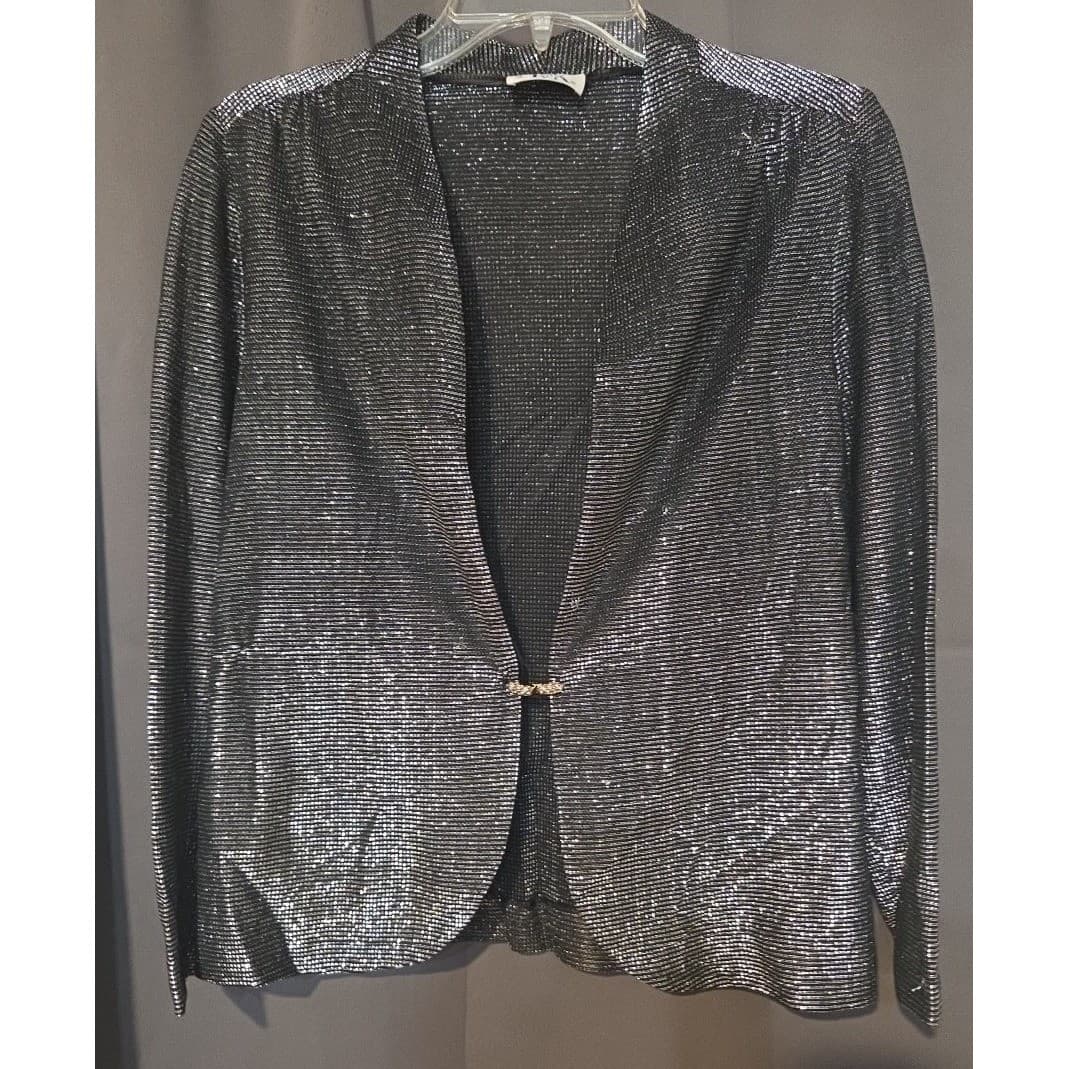 R&K Petite Metallic Silver Black Shimmer Evening Blazer, Vintage Size 8 Jacket - Thumbnail 3