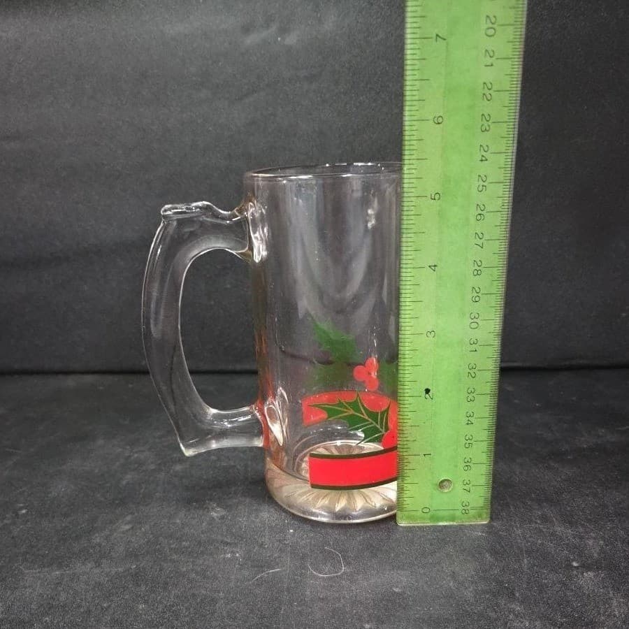 Libbey Holly & Berries Design Glass Beer Mug, Vintage Holiday Drinkware Stein - Thumbnail 9
