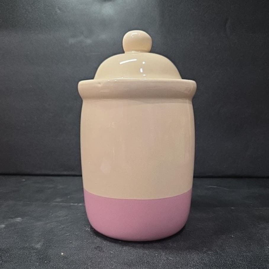 Cream Lidded Candle Crock With Pink Stripe, Vintage Ceramic Canister, Storage - Thumbnail 3