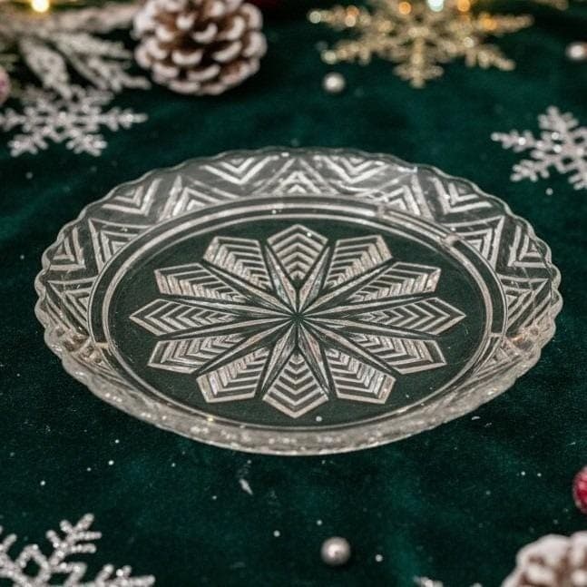 Vintage 1950s Federal Glass Snowflake Starburst Footed Cake Plate 11 In
