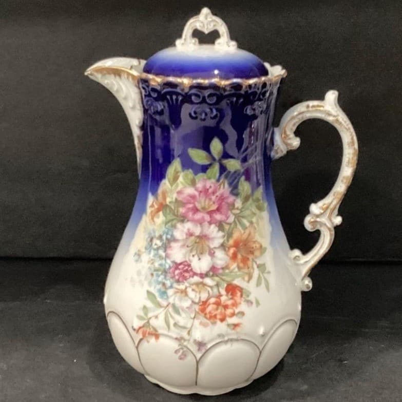 Antique Hand Painted Cobalt Gold Floral Chocolate Pot Nippon Style W Lid - Thumbnail 8