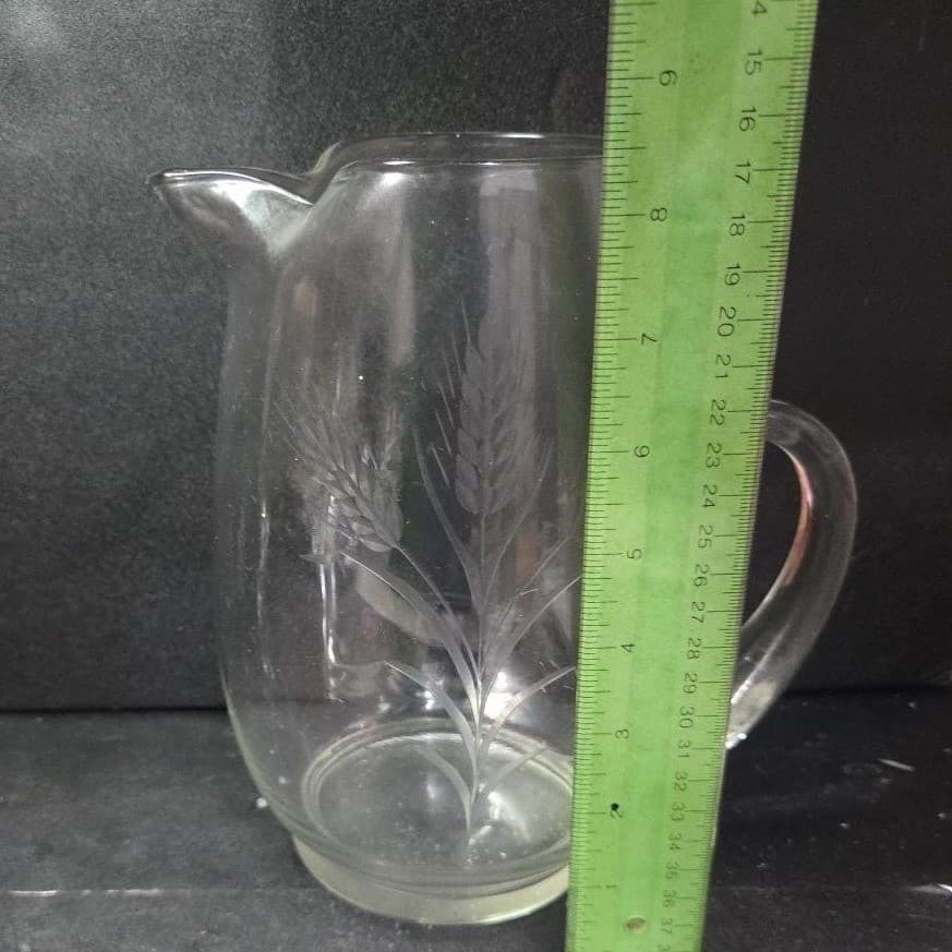 Dale Moore Etched Wheat Design Pitcher, Vintage Clear Glass Jug, Tableware - Thumbnail 9
