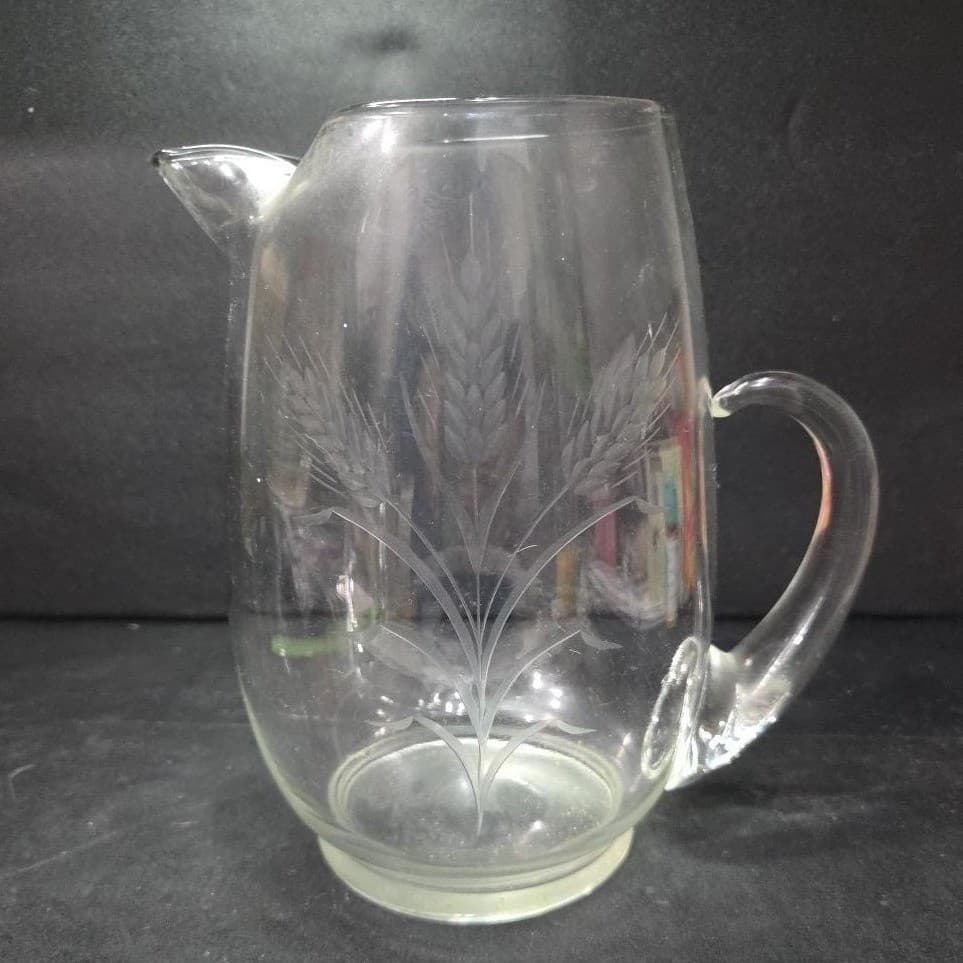 Dale Moore Etched Wheat Design Pitcher, Vintage Clear Glass Jug, Tableware - Thumbnail 2