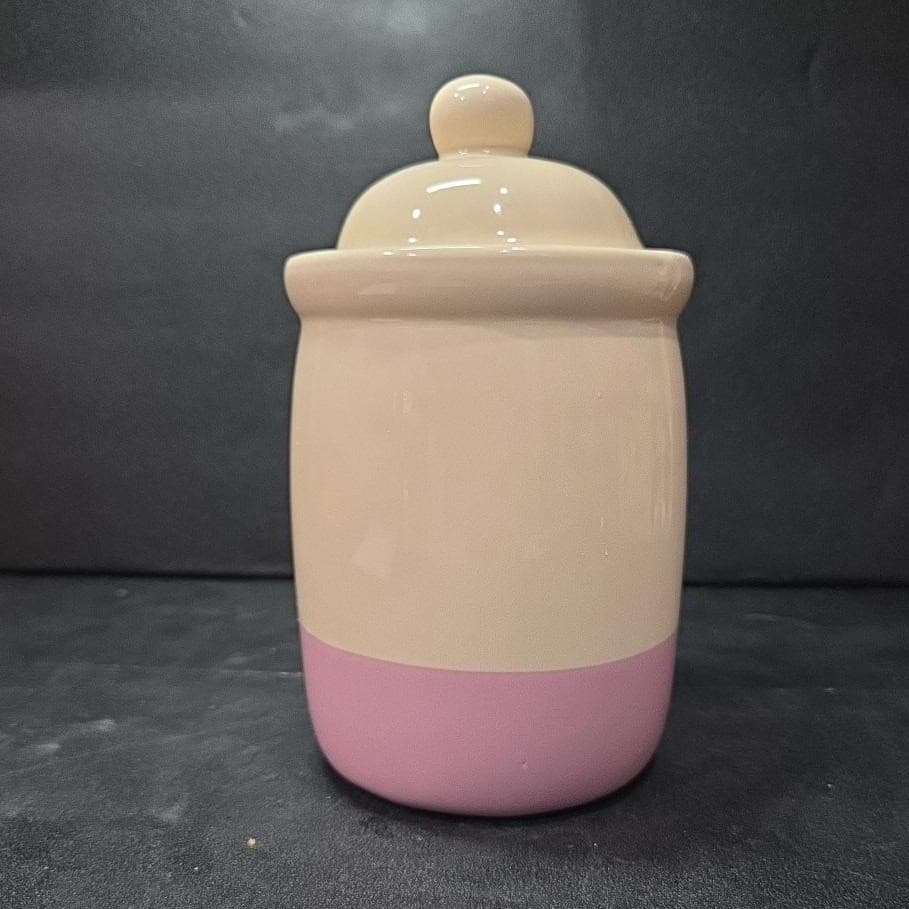 Cream Lidded Candle Crock With Pink Stripe, Vintage Ceramic Canister, Storage - Thumbnail 2
