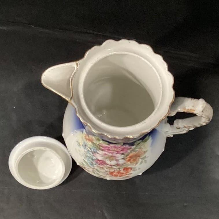 Antique Hand Painted Cobalt Gold Floral Chocolate Pot Nippon Style W Lid - Thumbnail 6