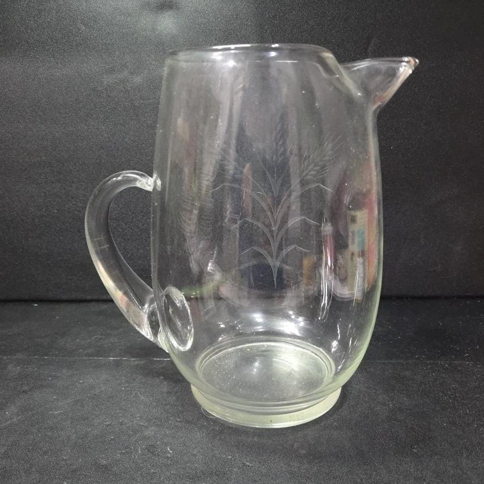 Dale Moore Etched Wheat Design Pitcher, Vintage Clear Glass Jug, Tableware - Thumbnail 4