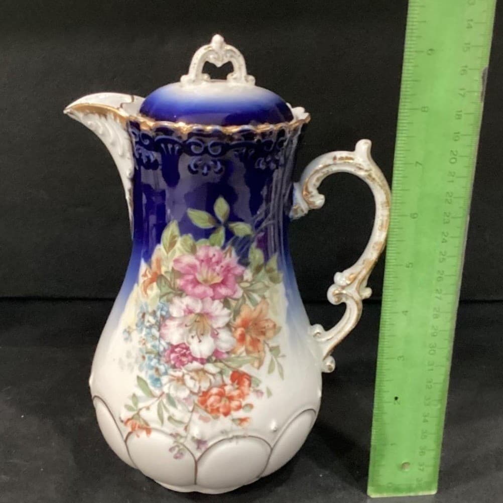Antique Hand Painted Cobalt Gold Floral Chocolate Pot Nippon Style W Lid - Thumbnail 2