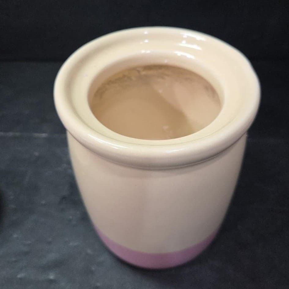 Cream Lidded Candle Crock With Pink Stripe, Vintage Ceramic Canister, Storage - Thumbnail 6