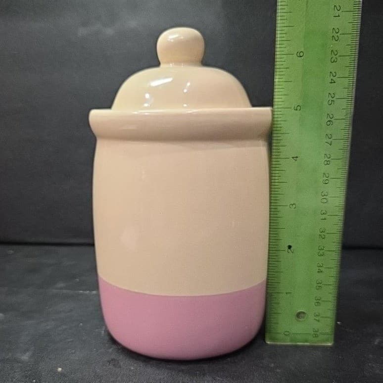 Cream Lidded Candle Crock With Pink Stripe, Vintage Ceramic Canister, Storage - Thumbnail 10