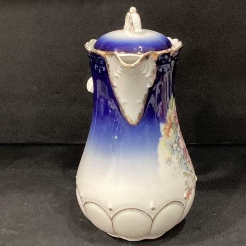 Antique Hand Painted Cobalt Gold Floral Chocolate Pot Nippon Style W Lid - Thumbnail 10