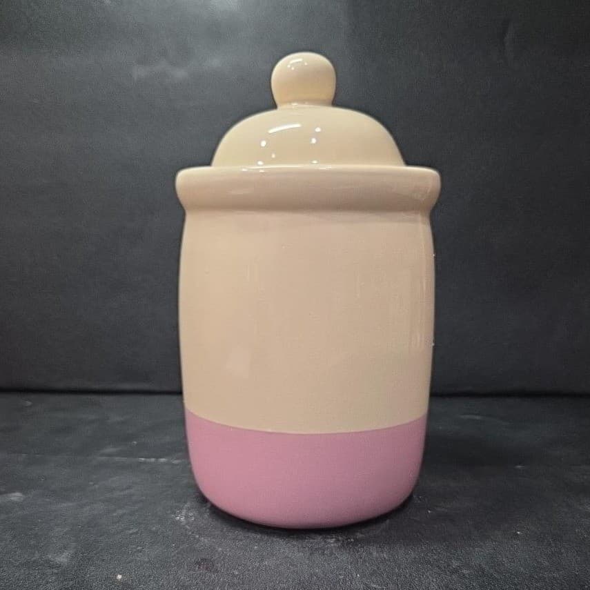 Cream Lidded Candle Crock With Pink Stripe, Vintage Ceramic Canister, Storage - Thumbnail 5