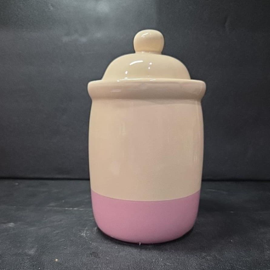 Cream Lidded Candle Crock With Pink Stripe, Vintage Ceramic Canister, Storage - Thumbnail 4