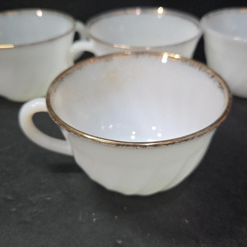 Anchor Hocking Fire King Milk Glass Teacups, Set of 4, Vintage Gold Rimmed Mugs - Thumbnail 6
