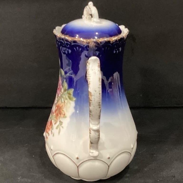Antique Hand Painted Cobalt Gold Floral Chocolate Pot Nippon Style W Lid - Thumbnail 12