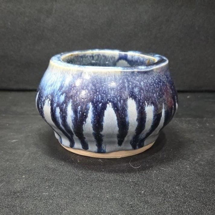 Studio Pottery Blue Drip Glaze Planter, Signed Handmade Ceramic Trinket Dish - Thumbnail 2