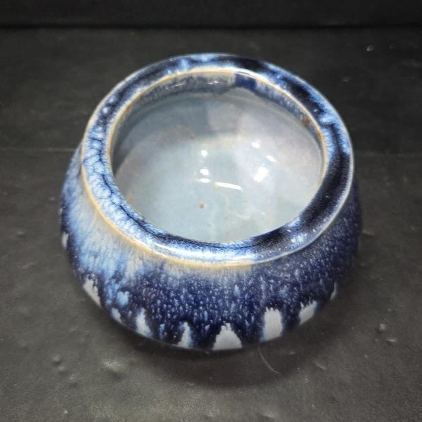 Studio Pottery Blue Drip Glaze Planter, Signed Handmade Ceramic Trinket Dish - Thumbnail 3