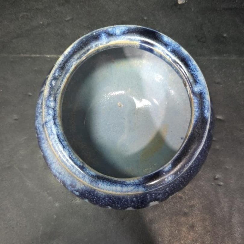 Studio Pottery Blue Drip Glaze Planter, Signed Handmade Ceramic Trinket Dish - Thumbnail 4