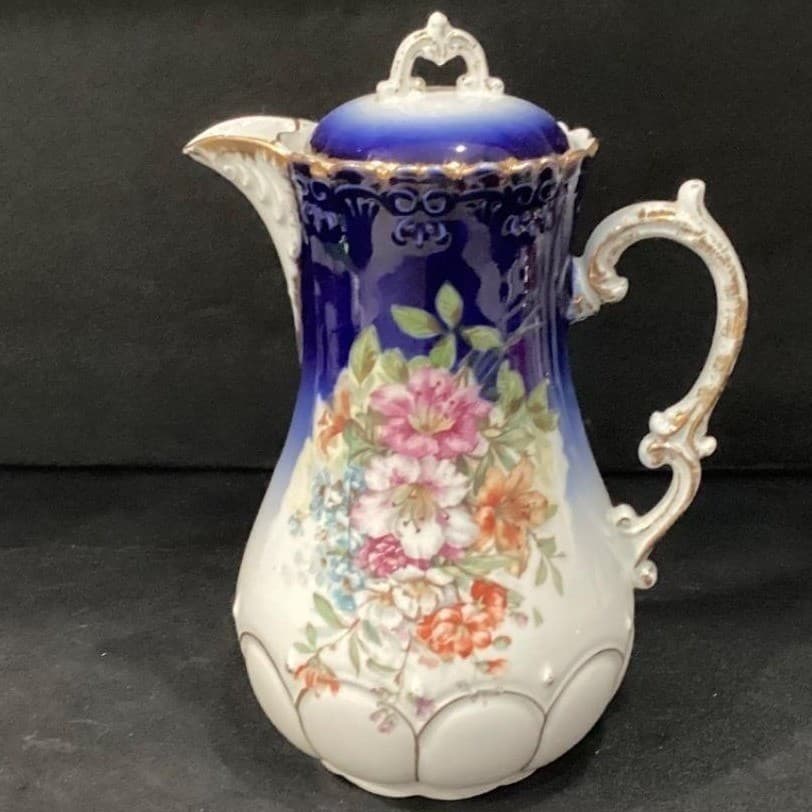 Antique Hand Painted Cobalt Gold Floral Chocolate Pot Nippon Style W Lid - Thumbnail 9