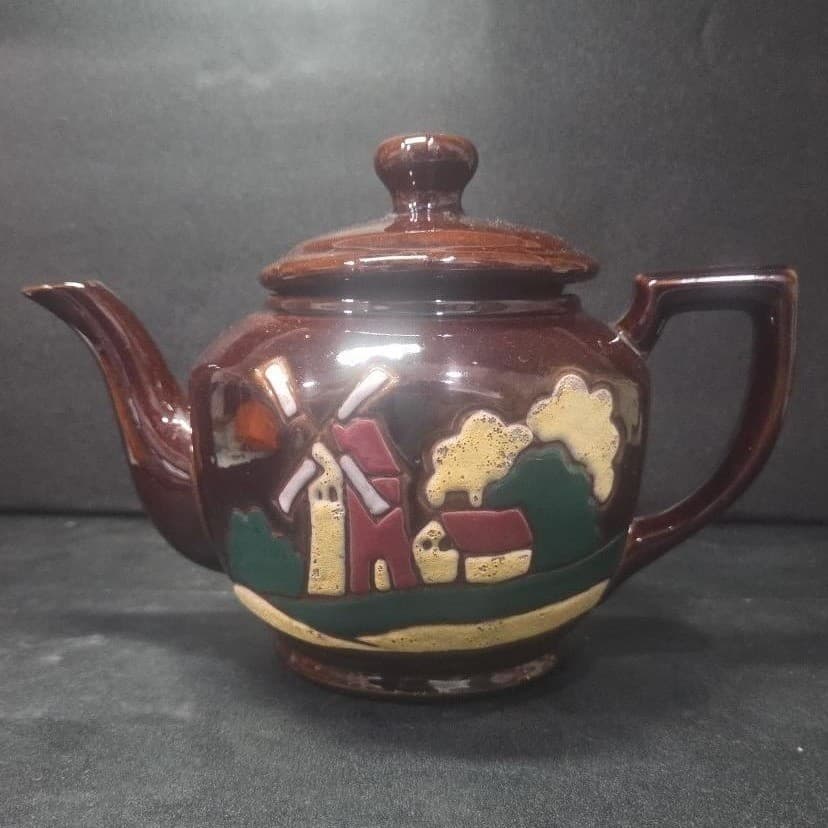Windmill Design Brown Glazed Teapot, Vintage Hand Painted Tea Pot Occupied Japan - Thumbnail 2
