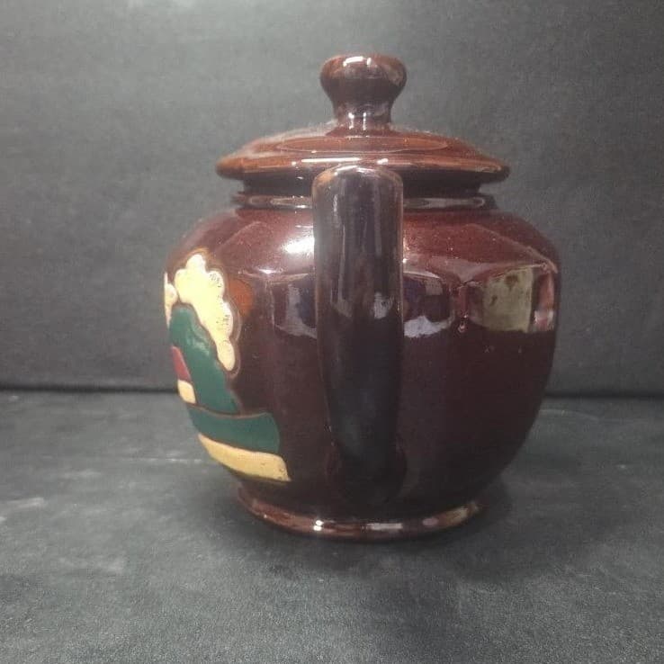 Windmill Design Brown Glazed Teapot, Vintage Hand Painted Tea Pot Occupied Japan - Thumbnail 3