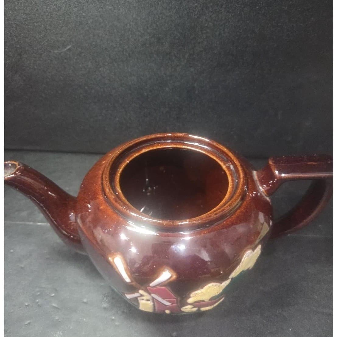 Windmill Design Brown Glazed Teapot, Vintage Hand Painted Tea Pot Occupied Japan - Thumbnail 6