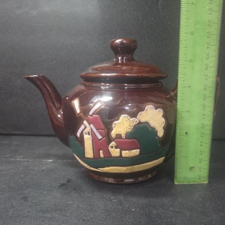 Windmill Design Brown Glazed Teapot, Vintage Hand Painted Tea Pot Occupied Japan - Thumbnail 10