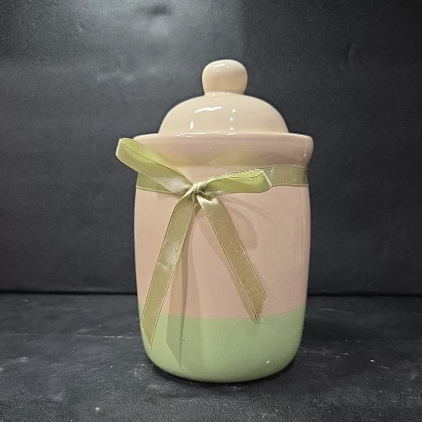Cream Lidded Candle Crock With Green Stripe, Vintage Ceramic Canister, Storage - Thumbnail 2