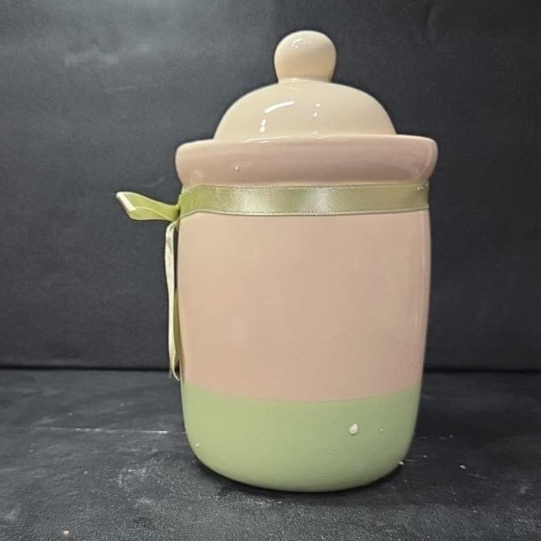 Cream Lidded Candle Crock With Green Stripe, Vintage Ceramic Canister, Storage - Thumbnail 3