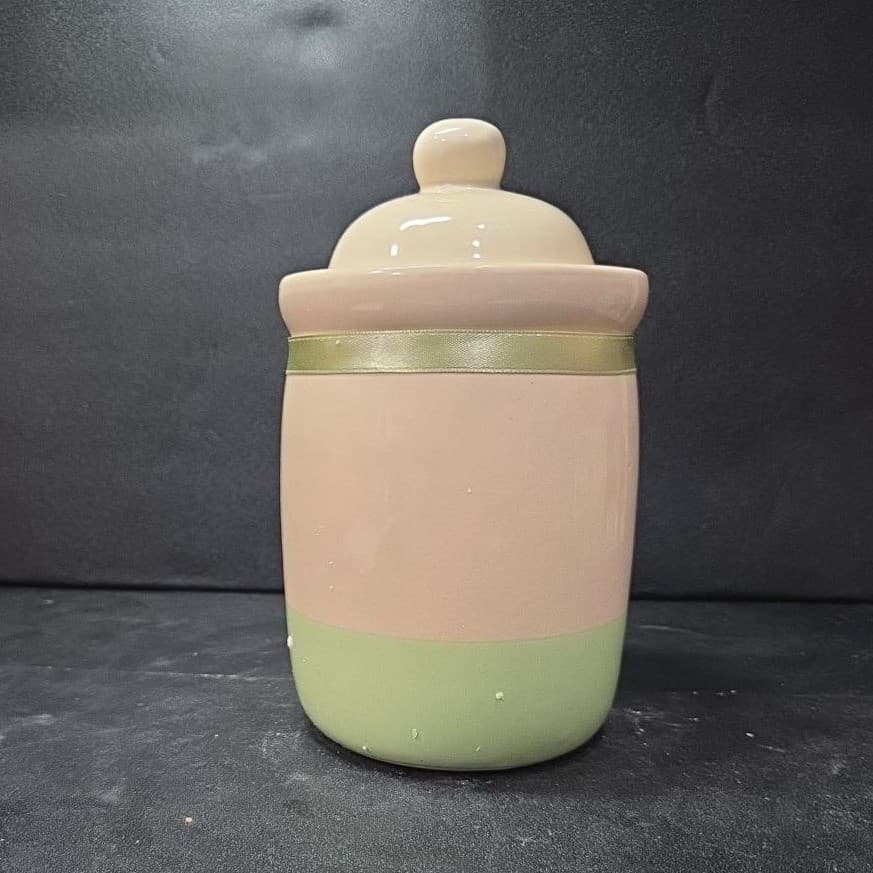 Cream Lidded Candle Crock With Green Stripe, Vintage Ceramic Canister, Storage - Thumbnail 4