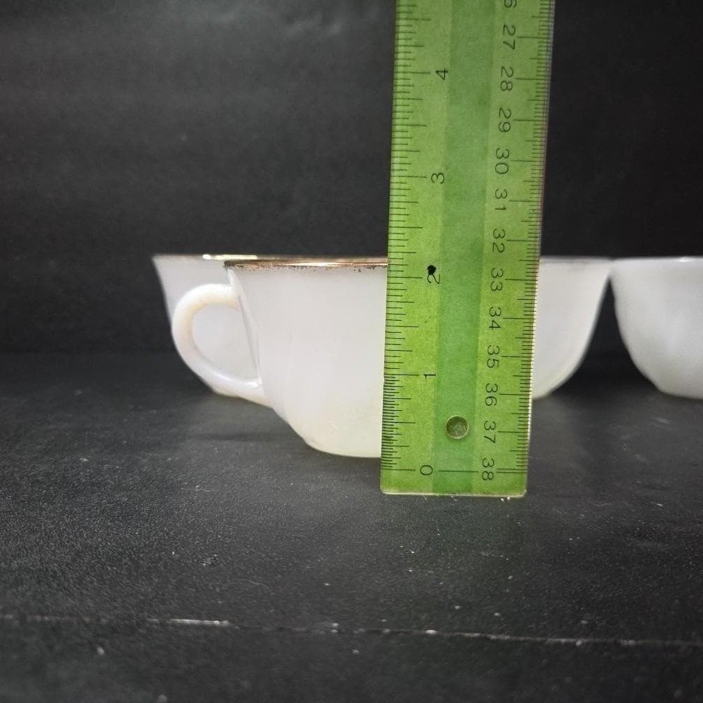 Anchor Hocking Fire King Milk Glass Teacups, Set of 4, Vintage Gold Rimmed Mugs - Thumbnail 3