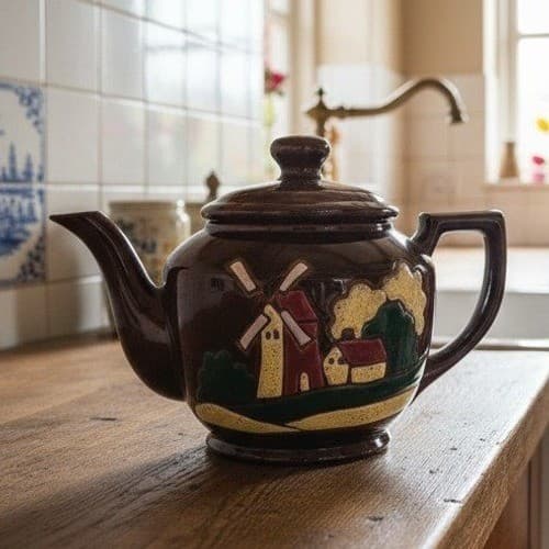 Windmill Design Brown Glazed Teapot, Vintage Hand Painted Tea Pot Occupied Japan