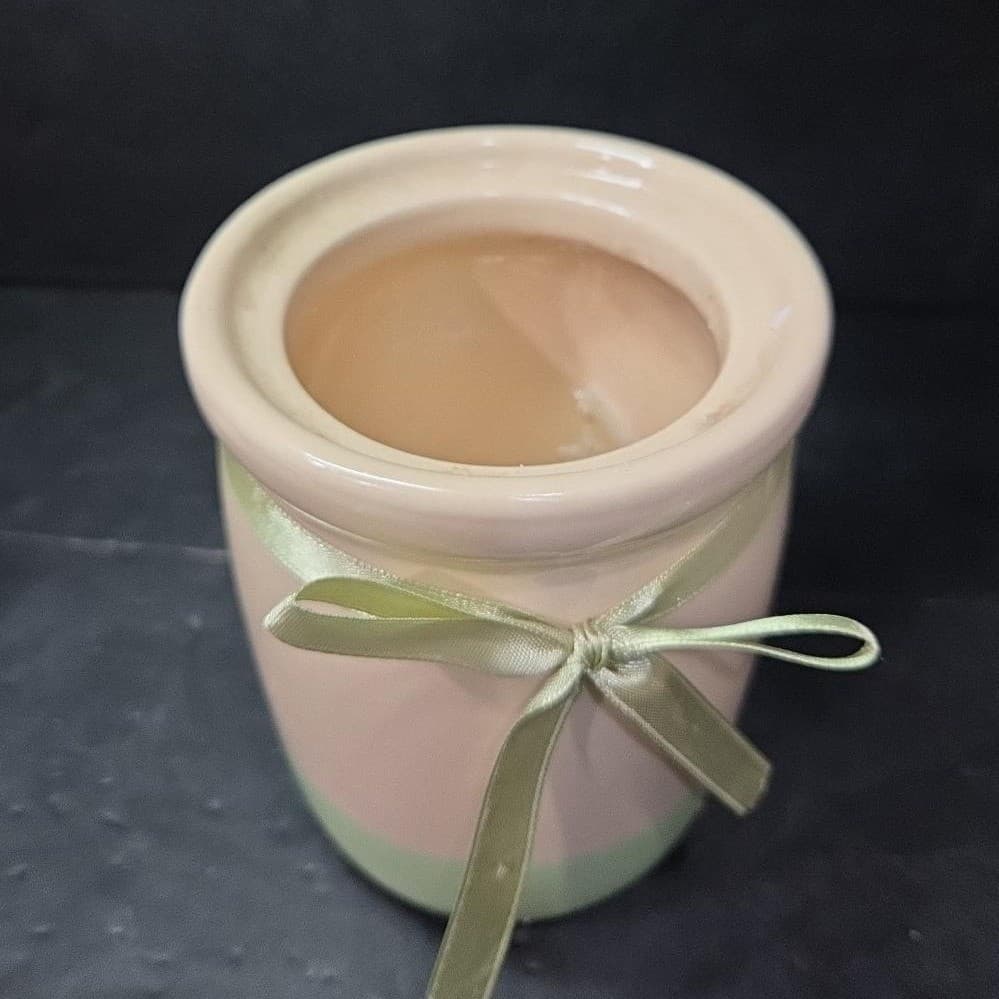 Cream Lidded Candle Crock With Green Stripe, Vintage Ceramic Canister, Storage - Thumbnail 6