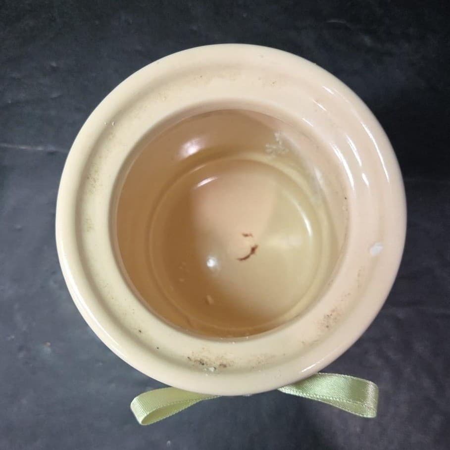 Cream Lidded Candle Crock With Green Stripe, Vintage Ceramic Canister, Storage - Thumbnail 7