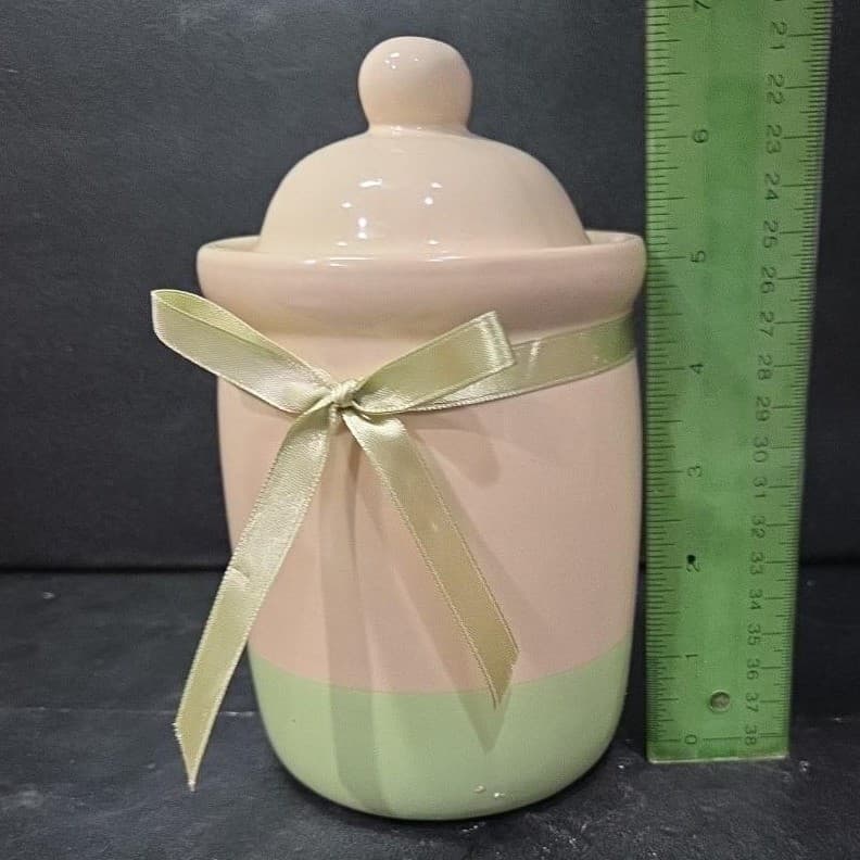 Cream Lidded Candle Crock With Green Stripe, Vintage Ceramic Canister, Storage - Thumbnail 10