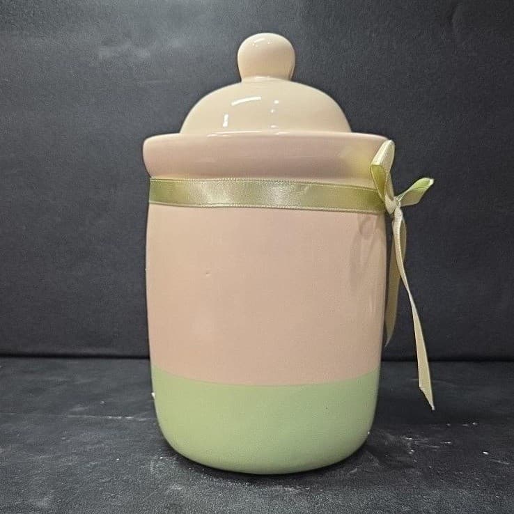 Cream Lidded Candle Crock With Green Stripe, Vintage Ceramic Canister, Storage - Thumbnail 5