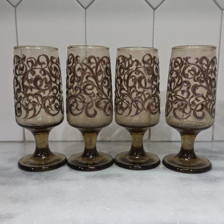 Libbey Prado Tawny Brown Juice Glasses, Set of 4, Vintage Footed Stemware - Thumbnail 2