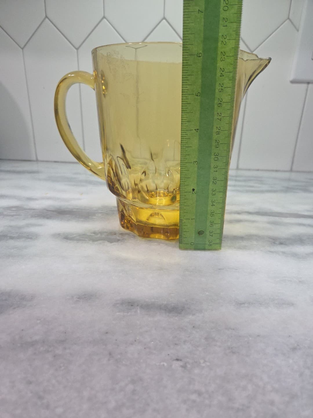 Hazel Atlas Kings Crown Large Pitcher, Thumbprint Amber Glass, Yellow Glassware - Thumbnail 8