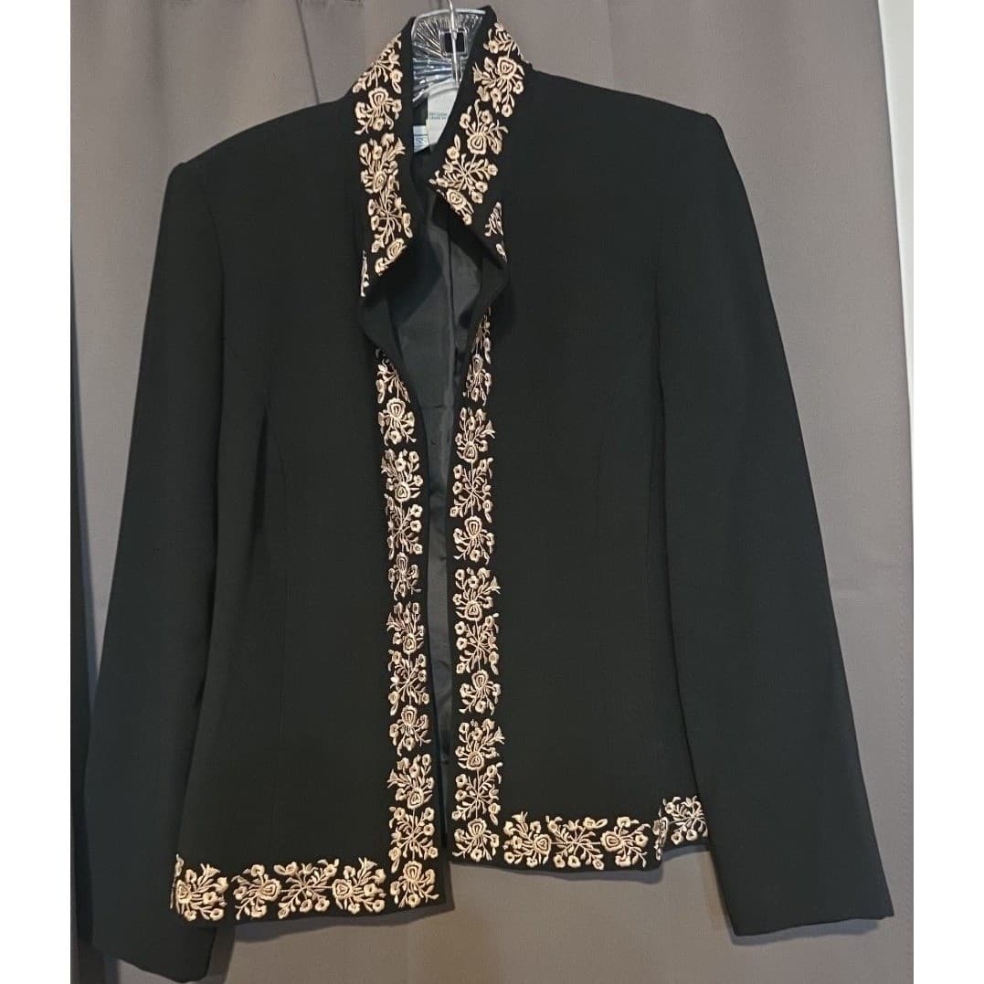 Jessica Howard Black Gold Embroidered Open Front Evening Jacket, Women's Size 8 - Thumbnail 3