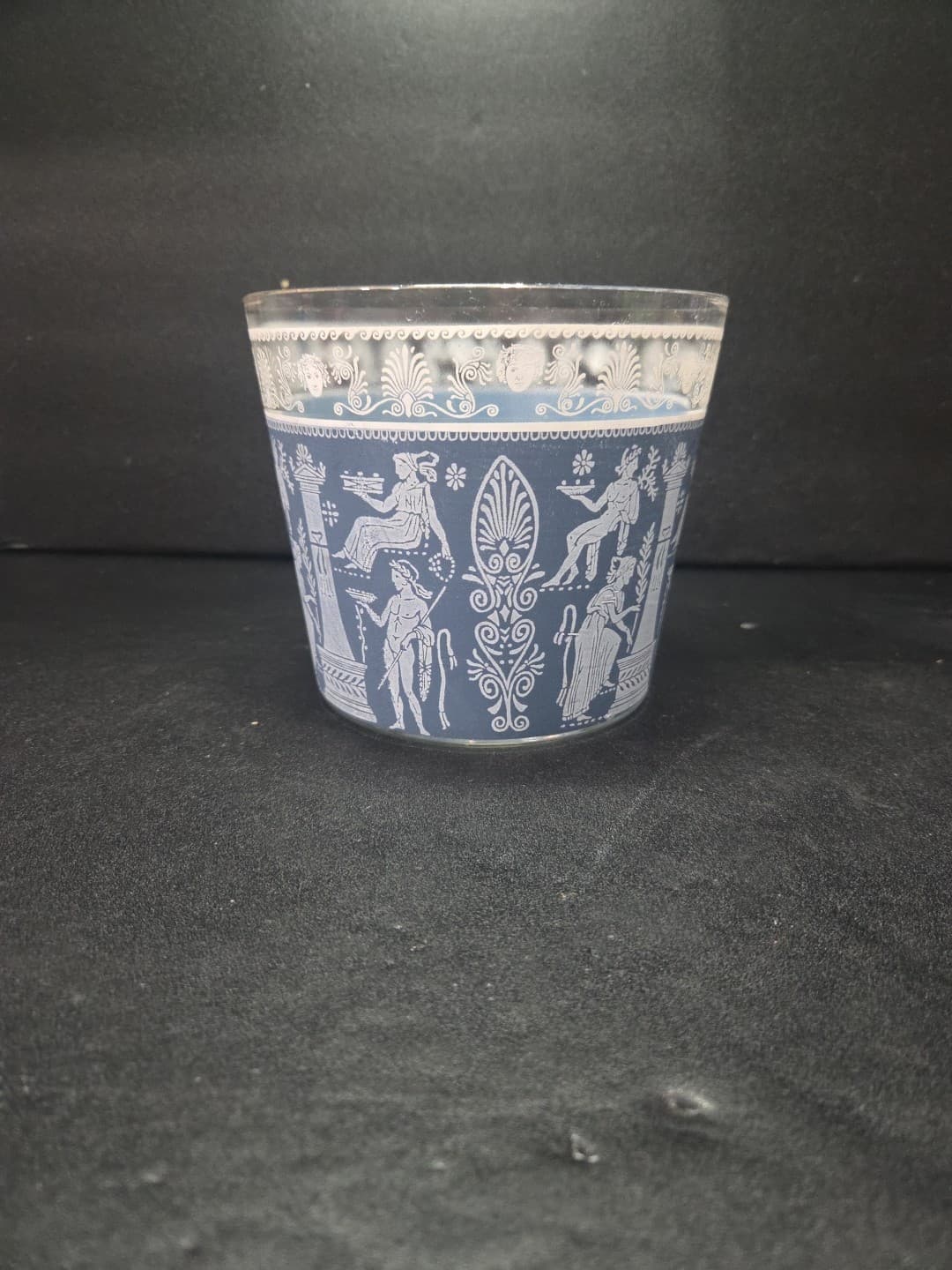 Wedgwood Blue Glass Ice Bucket, Jeanette Corinthian Style, Vtg Hellenic Design