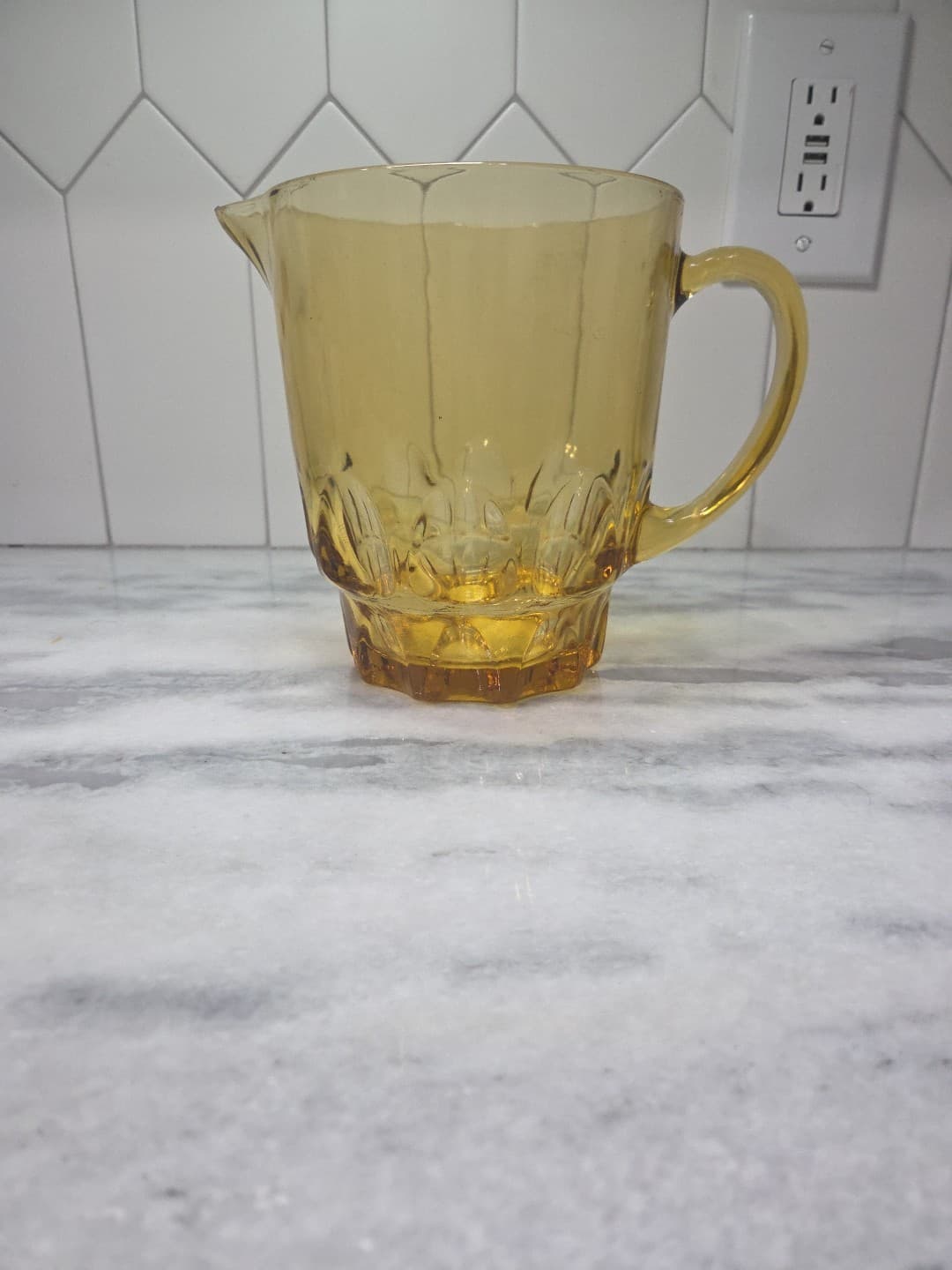 Hazel Atlas Kings Crown Large Pitcher, Thumbprint Amber Glass, Yellow Glassware